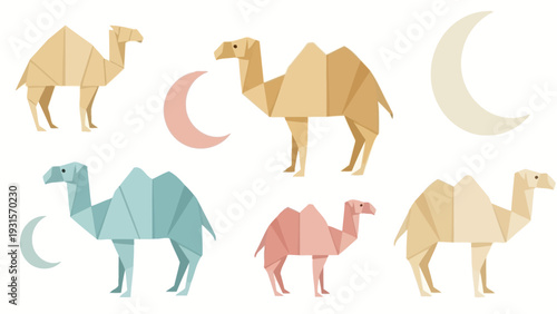 origami camels and crescent moons in a pastel geometric art style perfect for ramadan eid or desert travel designs.