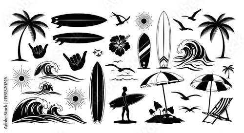 summer surfing and beach vector icons set with palm trees waves and surfboards perfect for coastal lifestyle designs.