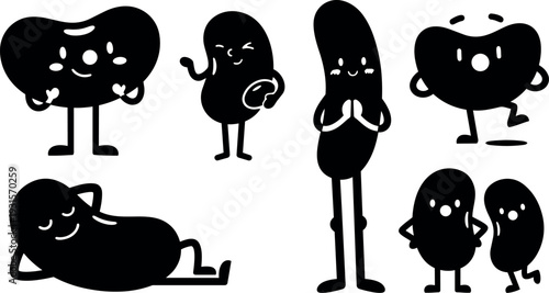 Flat design playful bean characters set with varied poses smiling waving reclining walking jumping praying gesturing vector