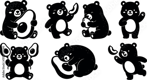 Flat vector set of playful bear characters holding avocado slices hugging fruit in cute poses close up friendly silhouette icons