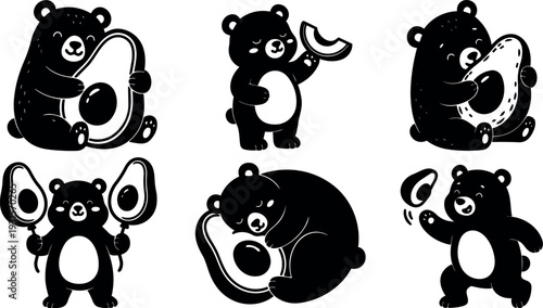 Flat design close up smiling bear mascots holding avocado halves playful poses for kids food branding social media print web