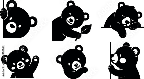 Flat vector icon set of six playful bear cub poses peeking waving sleeping holding leaf minimalist silhouette black bold shapes