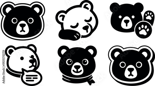 Flat design bear icon set six simple black and white bear faces with paw speech scarf sleeping expressions cute minimalist