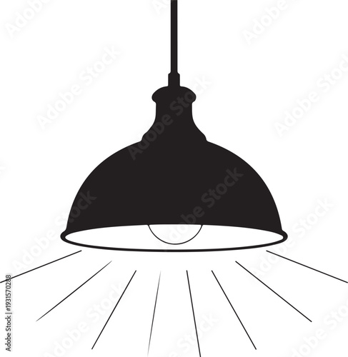 A black pendant light with a wide, conical shade hanging from a ceiling. isolated on transparent background