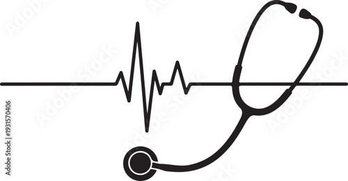 Medical illustration of a stethoscope with a heartbeat line and temperature reading isolated on transparent background