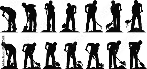 Silhouette of construction worker digging with shovel set isolated on white background, manual labor sequence showing different stages of shoveling and earthmoving work