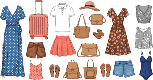Summer Women Fashion Collection with Dresses Shorts Tops Bags and Travel Accessories Cartoon Vector Illustration Set