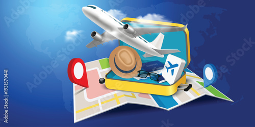 3D Travel Concept Illustration with Airplane Flying Out of Open Suitcase on Map, Tourism Vacation Planning, Airline Booking, Flight Ticket, Passport, Travel Accessories, Summer Holiday Journey Design