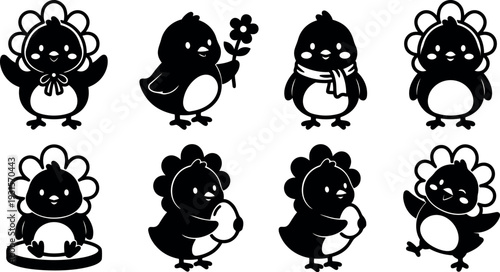 Flat vector cute chick character set showing flower bonnet holding egg and flower playful poses for easter spring celebration silhouette