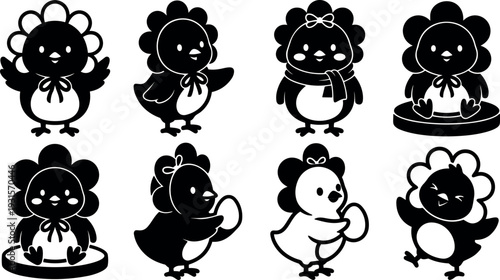 Flat design cute chick icon set eight poses close up sitting waving holding egg wearing scarf and bow playful silhouettes