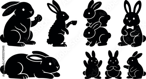 Flat silhouette vector set of playful rabbits in various poses stacked sitting eating holding cup and wearing a bow tie