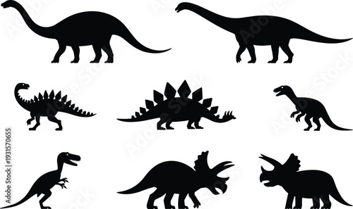 Dinosaur silhouette collection featuring T rex, stegosaurus and triceratops, prehistoric reptile vector set isolated on white background for design