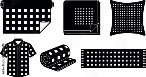 Vector flat checkered fabric icons showing rolled swatch folded square cushion and short sleeve shirt close up black white pattern