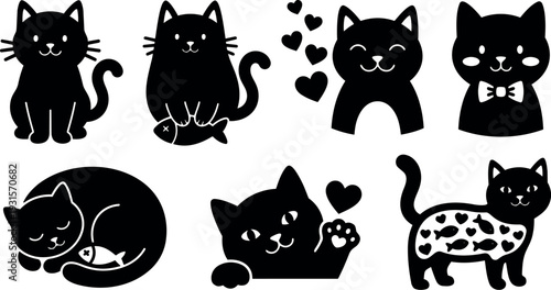 Flat design cute cat icon set showing sitting playing with fish sleeping waving paw wearing bow tie smiling heart playful