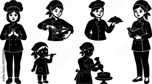 Silhouette vector set of female chefs performing cooking tasks mixing tasting piping cake holding tray reading recipe close up poses