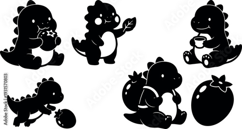 Flat silhouette kawaii dinosaur characters eating berries holding leaf and cup various poses vector set cute black icons simple children