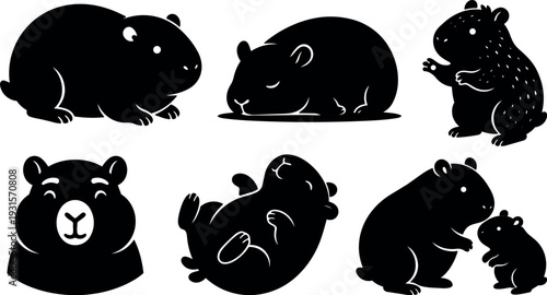 Silhouette vector set of six guinea pig poses including sleeping rolling standing and mother with pup in minimalist flat style