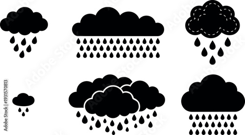 Flat design set of six raining cloud icons varied sizes and raindrop patterns isolated on white background simple bold silhouette
