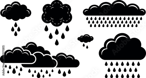 Vector rain cloud icon set multiple black silhouettes various raindrop patterns different sizes isolated flat design scalable editable simple icons