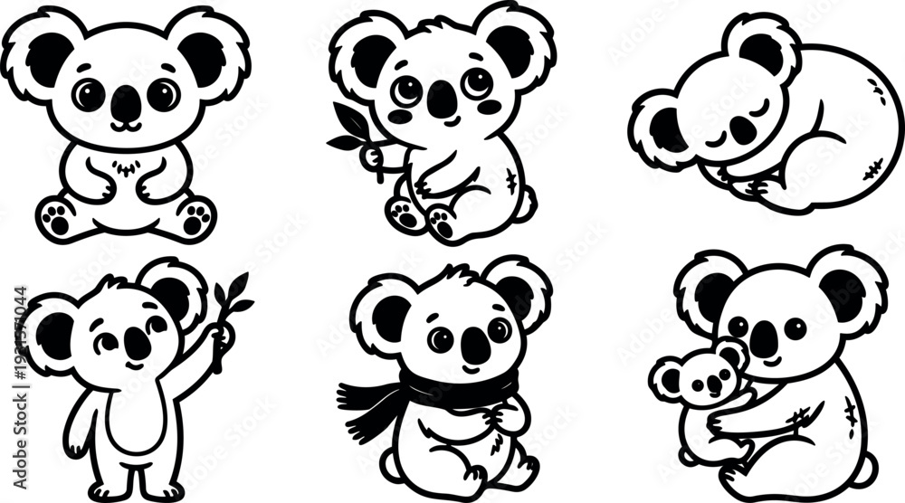 Fototapeta premium Line art cute koala character set showing sitting eating leaves waving sleeping hugging baby wearing scarf holding branch smiling front