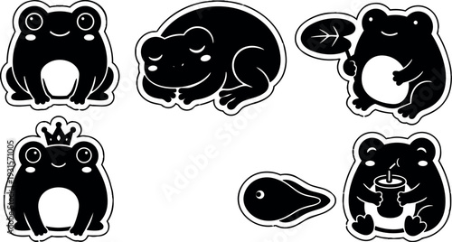Kawaii sticker sheet of black frog characters sleeping smiling holding leaf crown and juice cup flat vector art outline set