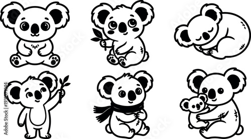 Line art cute koala character set showing sitting eating leaves waving sleeping hugging baby wearing scarf holding branch smiling front