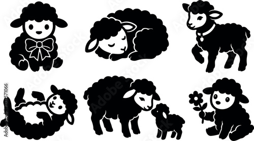 Flat design cute sheep and lamb silhouette set showing sleeping walking playing holding flower isolated vector art in black playful