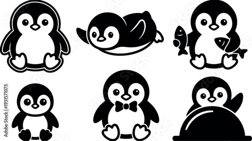 Flat design penguin icon set six cute poses sitting sliding holding fish wearing bow tie playful minimal black and white