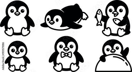 Flat design cute penguin icon set six playful poses simple black and white vector characters with bow tie and fish