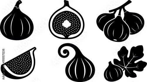 Minimalist flat vector fig icon set showing whole half slice cluster leaf and single fig in simple silhouette style black