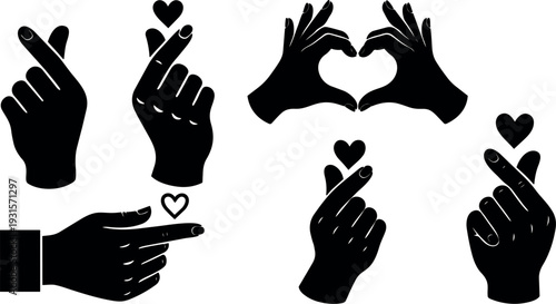 Flat vector icon set of black hand heart gestures showing finger heart heart hands pointing and playful silhouettes minimalist collection