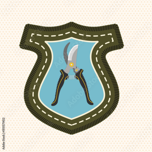 Scout badge with garden pruning shears. Vector. Merit patch, sticker for camping outdoor and academic activities. Perfect for scouting programs, gardening clubs, outdoor education, camp activities
