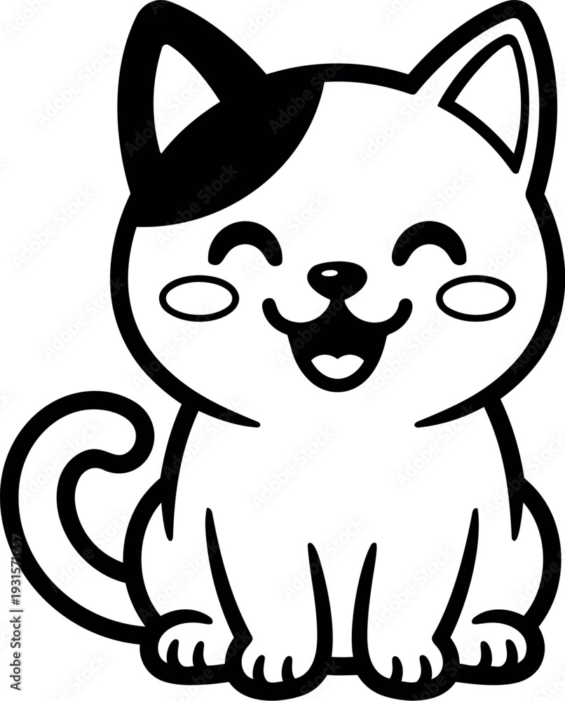 Fototapeta premium Line art kawaii kitten sitting front view smiling with paw details black outline simple vector cute character isolated white background