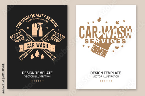 Professional car wash poster, banner and flyer template set. Vector auto cleaning and car service advertising design with washing equipment and vehicle care elements.