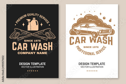 Professional car wash poster, banner and flyer template set. Vector auto cleaning and car service advertising design with washing equipment and vehicle care elements.