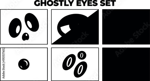Minimalist flat design ghost eyes set close up multiple eye shapes isolated on white panels bold black silhouettes playful vector
