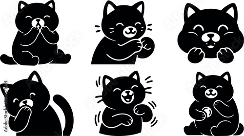 Flat design cute black cat stickers set six playful paw covering mouth smiling laughing winking sitting gestures close up vector