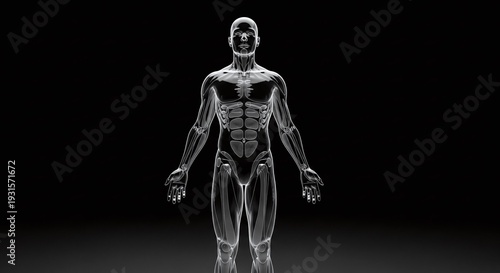 Detailed anatomical rendering of a muscular human body showing internal structure against a dark background.
