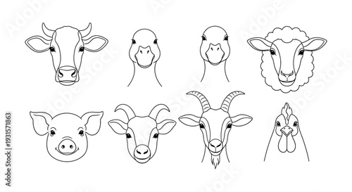 cute cartoon farm animal faces vector illustration set featuring cow sheep pig goats ducks and chicken