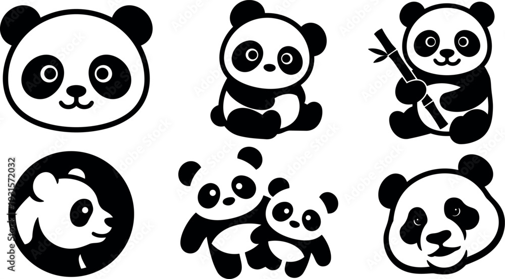 Fototapeta premium Flat design cute panda icon set six minimal black and white headshots and poses holding bamboo sitting pair smiling playful