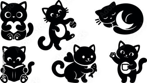 Flat design close up cute black cat icons showing holding heart playing ball reading sleeping curled waving paw drinking cup