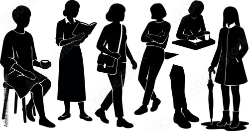 Flat silhouette vector close up row of women in various poses sitting reading walking leaning writing and standing with umbrella