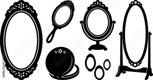 Silhouette vector set of ornate oval mirrors including handheld compact standing vanity mirrors on white background close up decorative frames