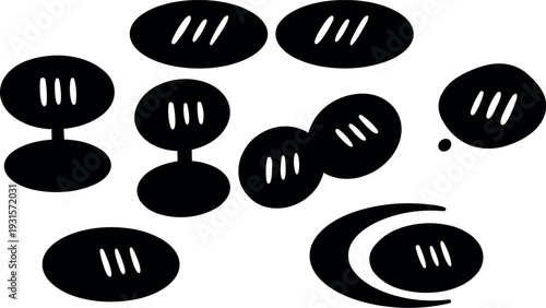Minimalist vector coffee bean icons scattered close up with three groove markings oval silhouettes flat design black on white contrast