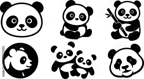 Flat design cute panda icon set six minimal black and white headshots and poses holding bamboo sitting pair smiling playful