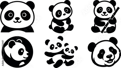 Minimalist flat design panda icon set six poses including sitting holding bamboo face and playful cubs in black and white