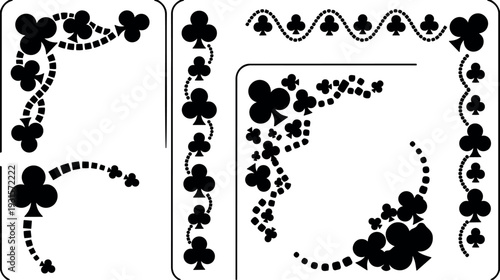 Flat design decorative club suit corner and border elements set black vector art for playing card embellishments ornamental corners frames
