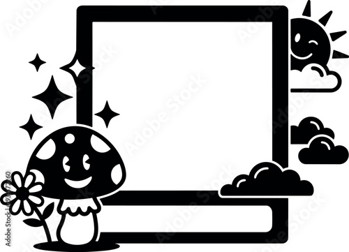 Flat design kawaii vector frame with smiling mushroom and daisy beside blank square label and happy sun clouds sparkles playful