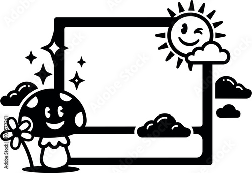 Whimsical kawaii mushroom frame with smiling sun winking clouds flower and sparkles flat vector art black white border cute playful