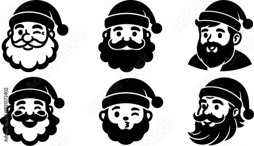 Vintage santa head vector set six black icons showing varied expressions beards hats close up flat graphic minimalist badge collection